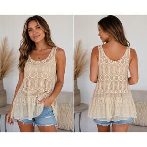 Voice of California Cream Crochet Lace Boho Tunic Tank Top Small